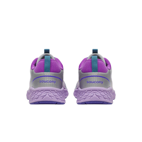 Pair of kids' athletic shoes in gray, purple, and teal shown from the back with Saucony logos