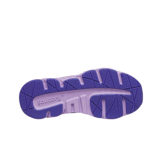Purple sneaker outsole with deep tread and Saucony logo