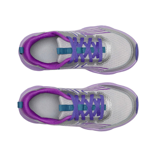 Top view of two silver and purple kids' athletic shoes with purple laces and teal accents