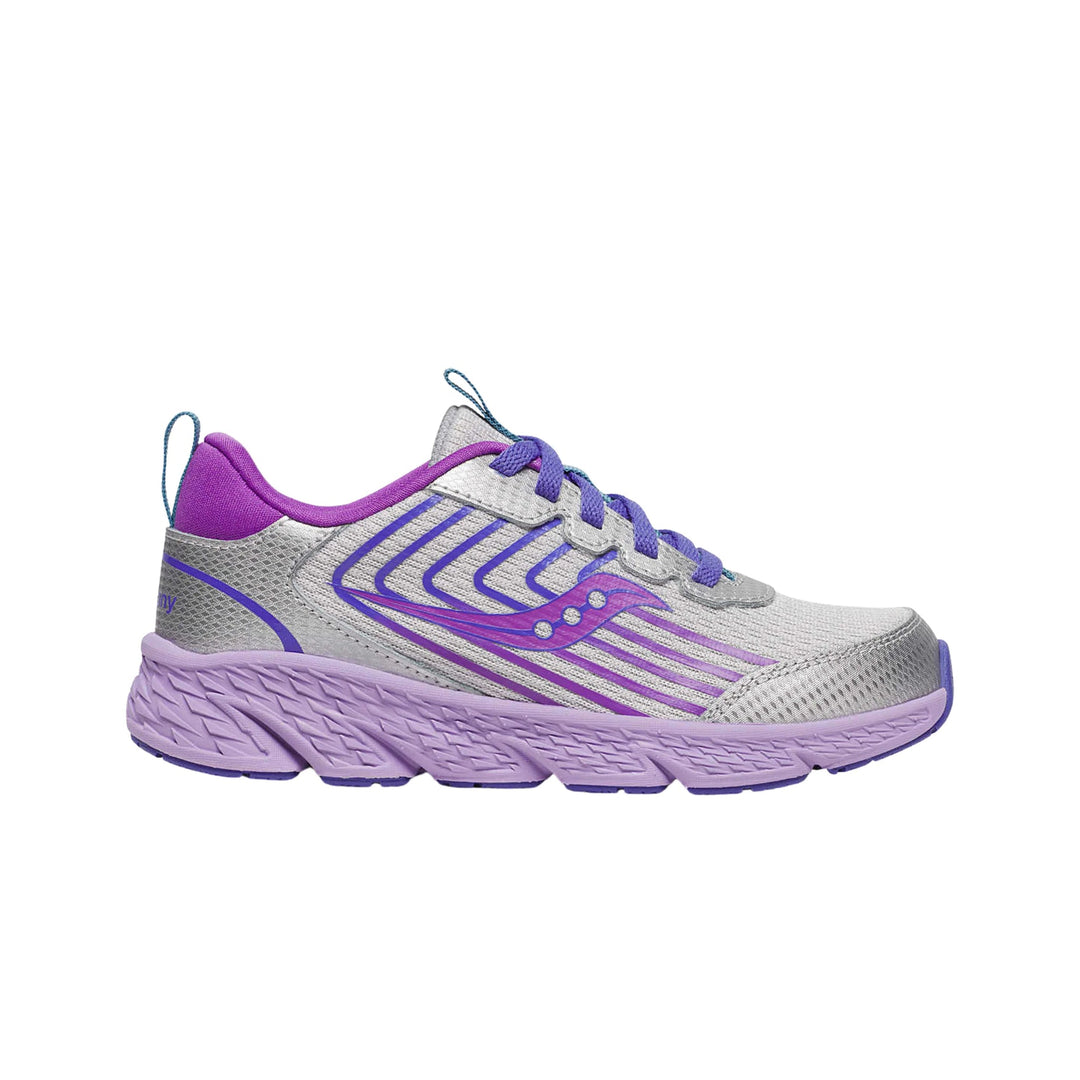 Silver and purple kids' running shoe with mesh upper, striped side detailing, and thick lavender sole