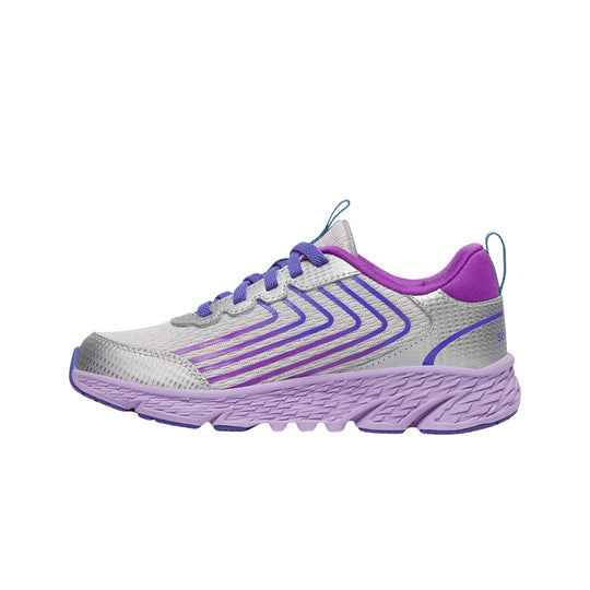 Silver and purple athletic running shoe with lace-up closure and cushioned sole, side view