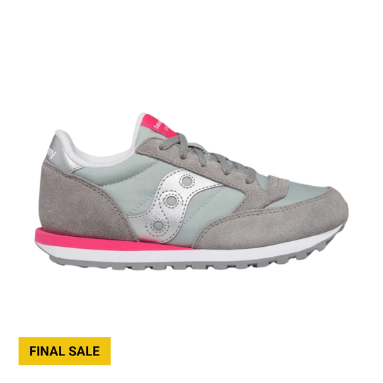 Grey and light blue low-top sneaker with pink heel accent and white side logo