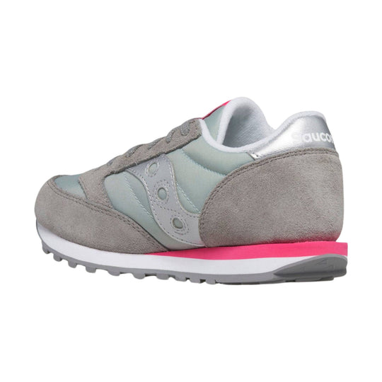 Grey suede kids' sneaker with mint panels, pink midsole accent, and white logo heel tab