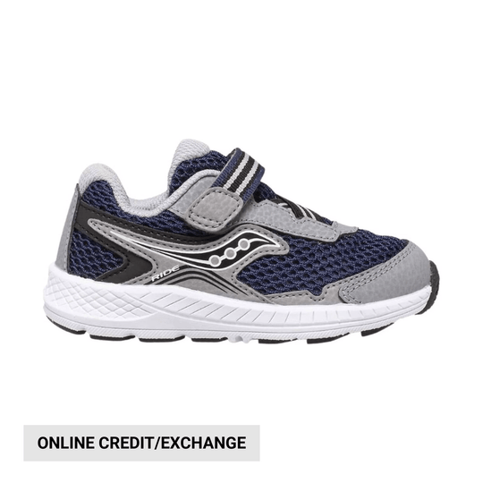 Navy and gray toddler sneaker with hook-and-loop strap, white sole, and side logo, shown in profile