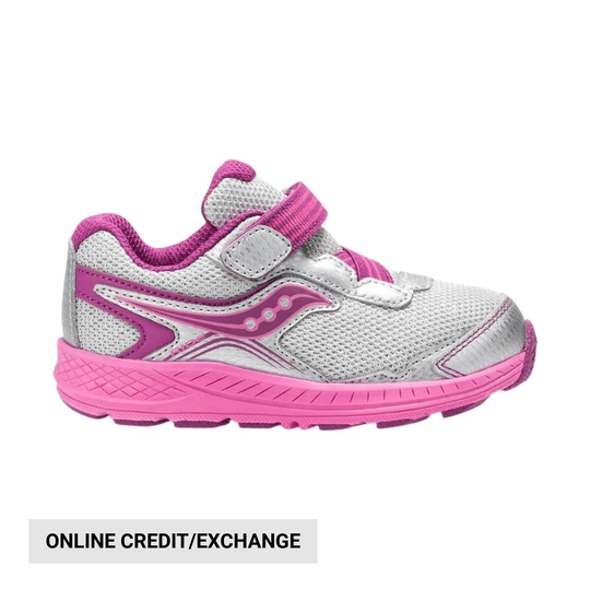 Silver and pink kids sneaker with Velcro strap and white mesh upper