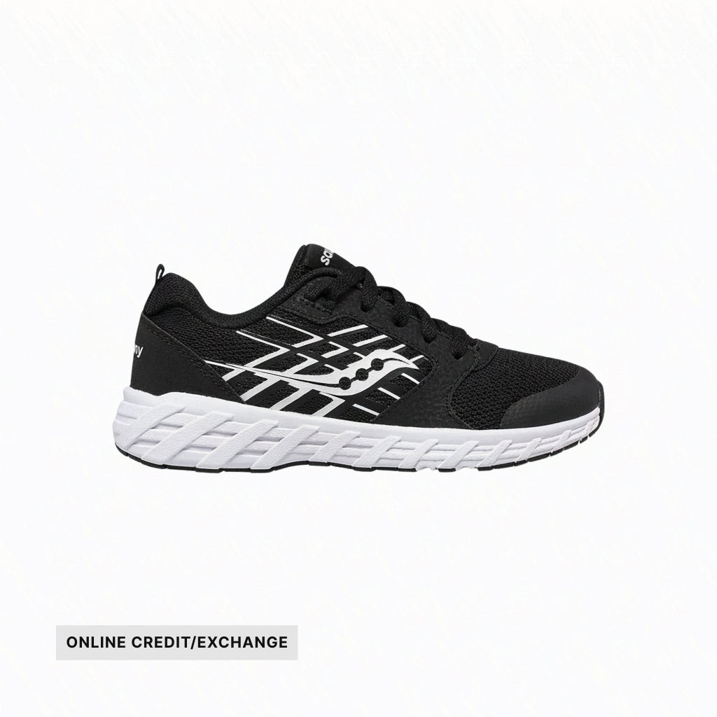 Black and white athletic shoe with mesh upper, white sole, and side logo