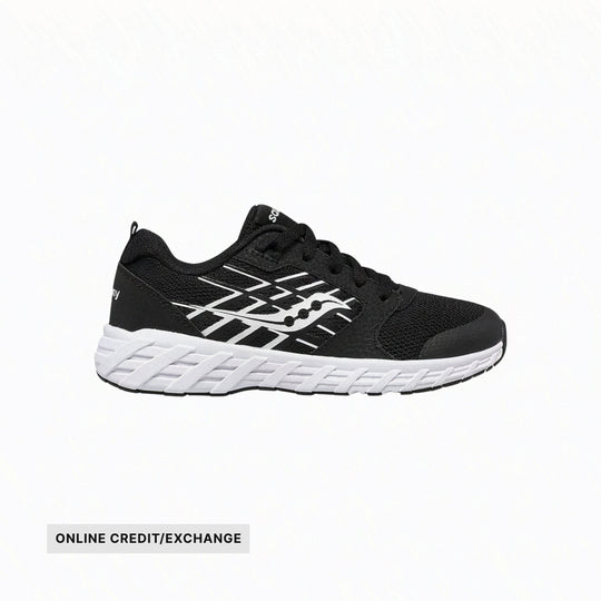 Black and white athletic shoe with mesh upper, white sole, and side logo