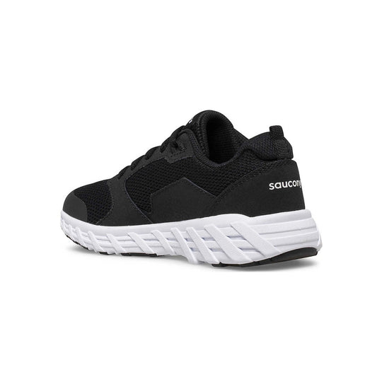 Black athletic sneaker with a white textured sole and side logo