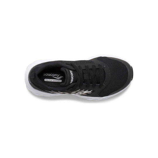 Black athletic sneaker with white sole, top view