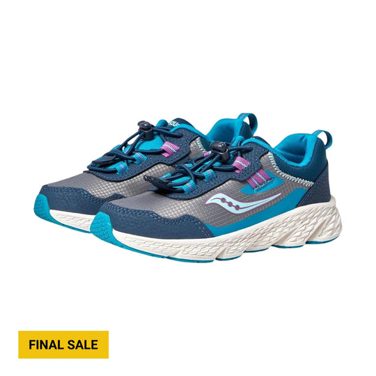 Kids' navy, gray, and turquoise athletic shoes with bungee laces and thick white soles