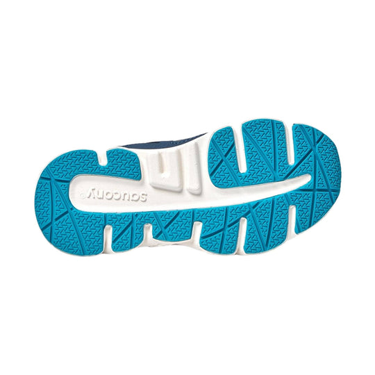 Blue and white sneaker sole with turquoise tread and Saucony logo
