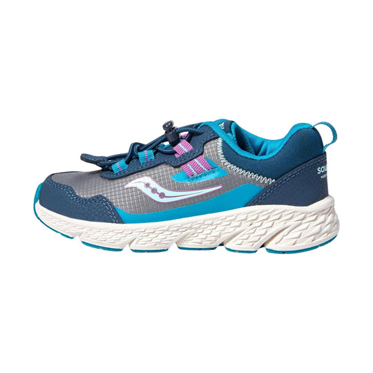 Blue and gray kids' athletic shoe with turquoise trim, bungee laces, and white textured sole