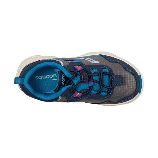 Blue and gray kid's trail shoe with bungee laces and hook-and-loop strap, top view