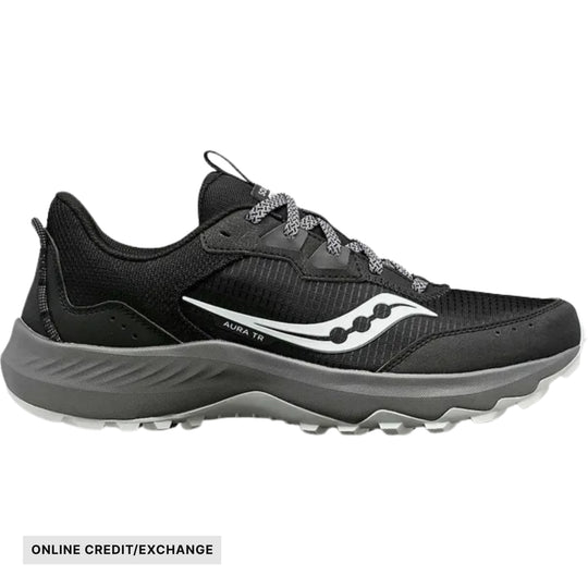 Black trail running shoe with gray midsole, white side logo, and gray patterned laces.