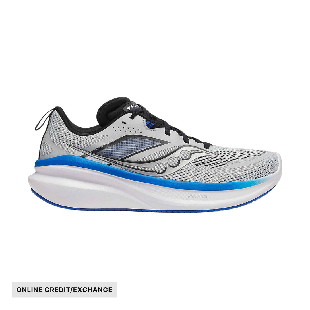 White and black running shoe with blue midsole stripe, side profile, labeled ONLINE CREDIT/EXCHANGE