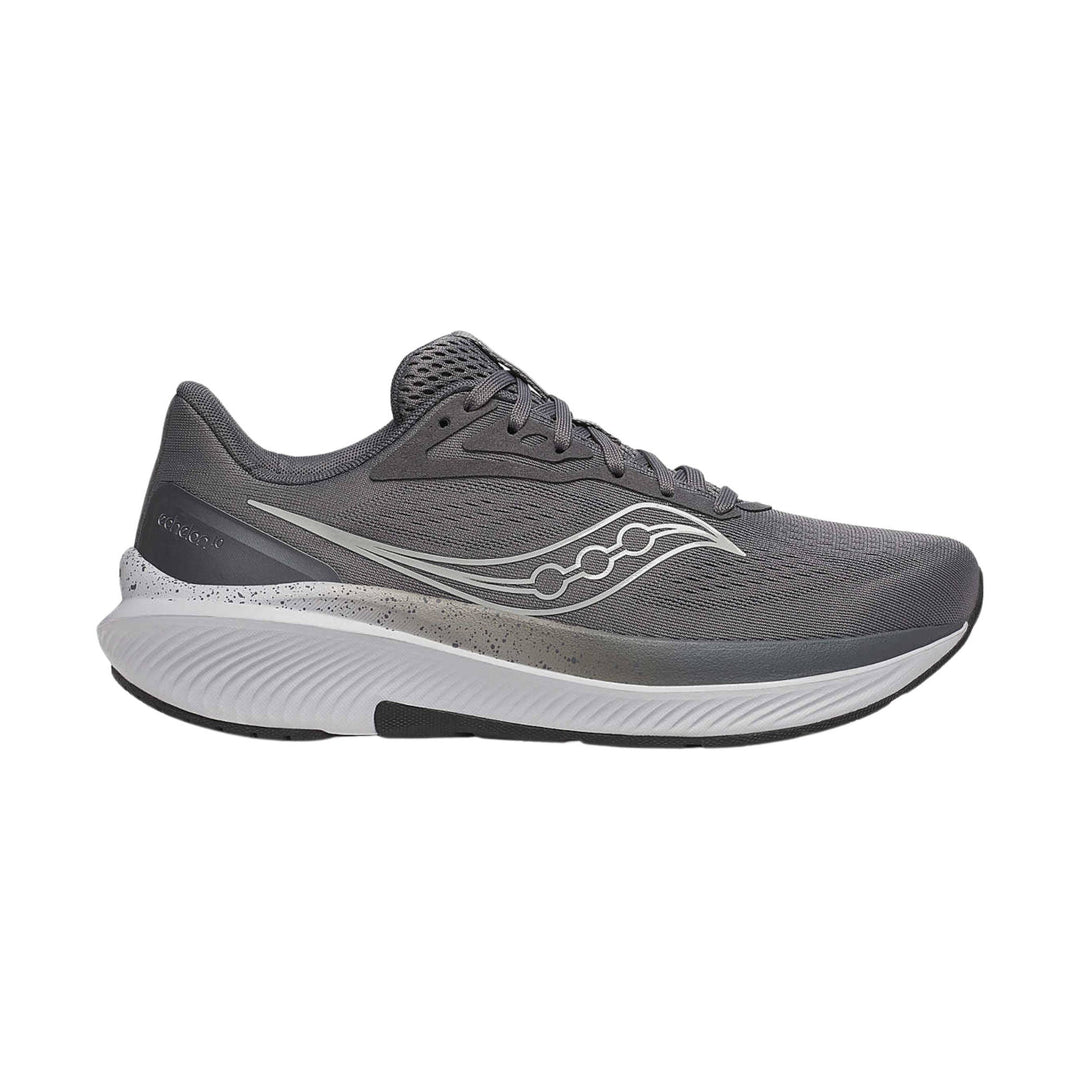 Gray running shoe with a white speckled midsole, side wave logo, and visible heel text