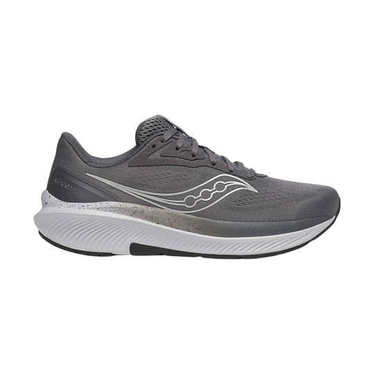 Gray running shoe with a white speckled midsole, side wave logo, and visible heel text