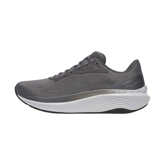 Gray running shoe with a white cushioned sole and black heel accent