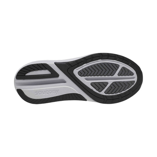 Black and white athletic shoe outsole with grooved traction pattern and Saucony logo