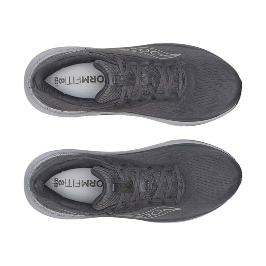 Pair of dark gray running shoes viewed from above with knit uppers, laces, and white speckled midsoles