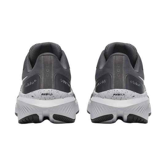 Gray and black running shoe heel view with speckled midsole and PWRRUN branding