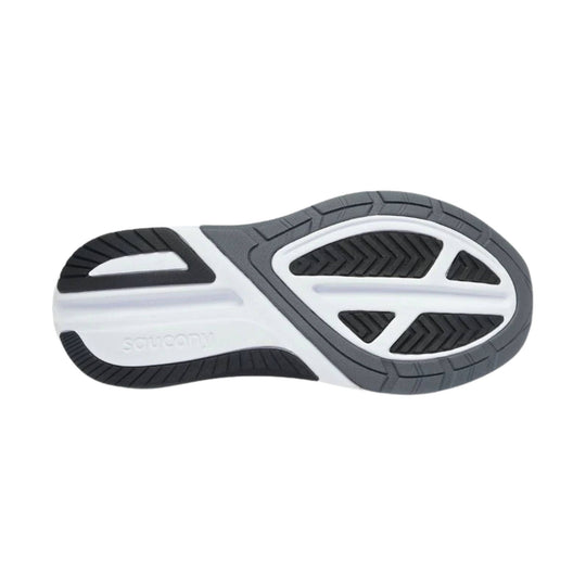 Gray and black sneaker outsole with white midsole and tread pattern