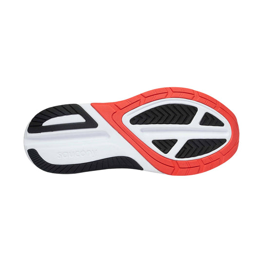 Running shoe outsole with red, white, and black tread