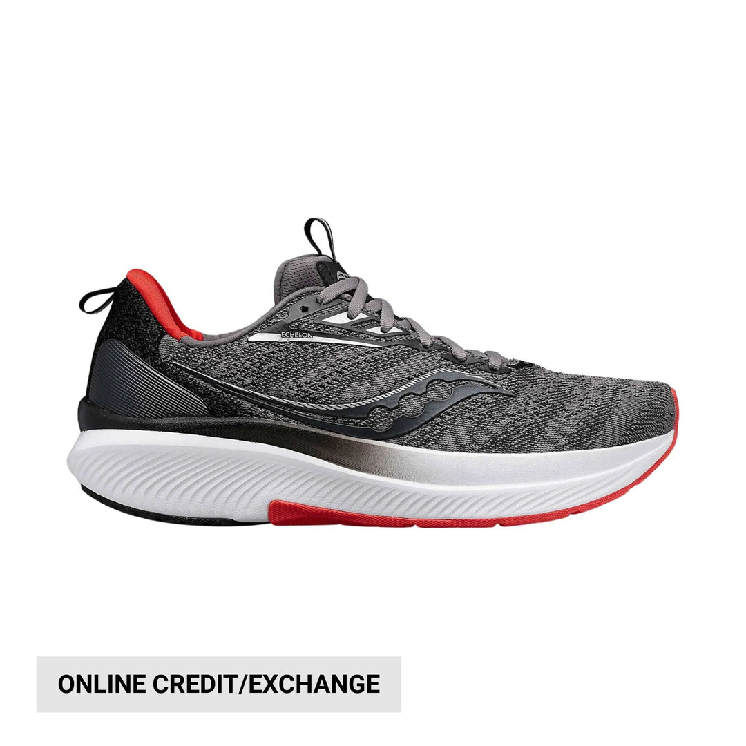 Gray and black running shoe with red accents, white midsole, and visible Echelon branding