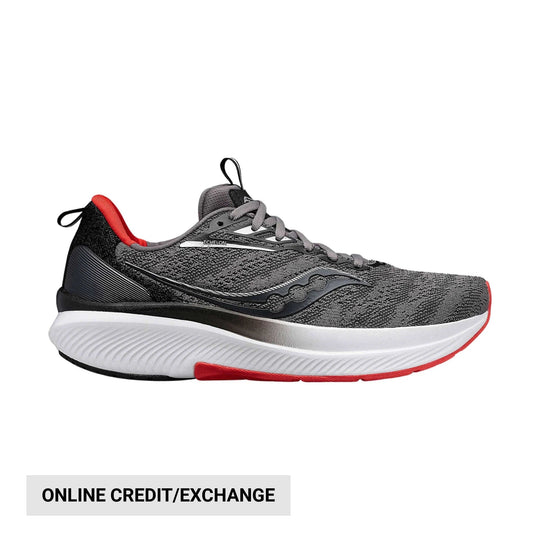 Gray and black running shoe with red accents, white midsole, and visible Echelon branding