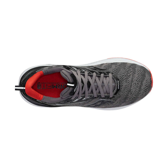 Gray and black running shoe with gray laces, red lining, and a top view