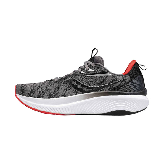 Gray and black running shoe with red accents and a white cushioned sole, side view