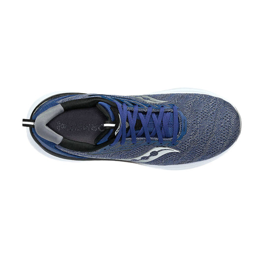 Blue knit running shoe with blue laces, white sole, and visible PWRRUN text on the insole