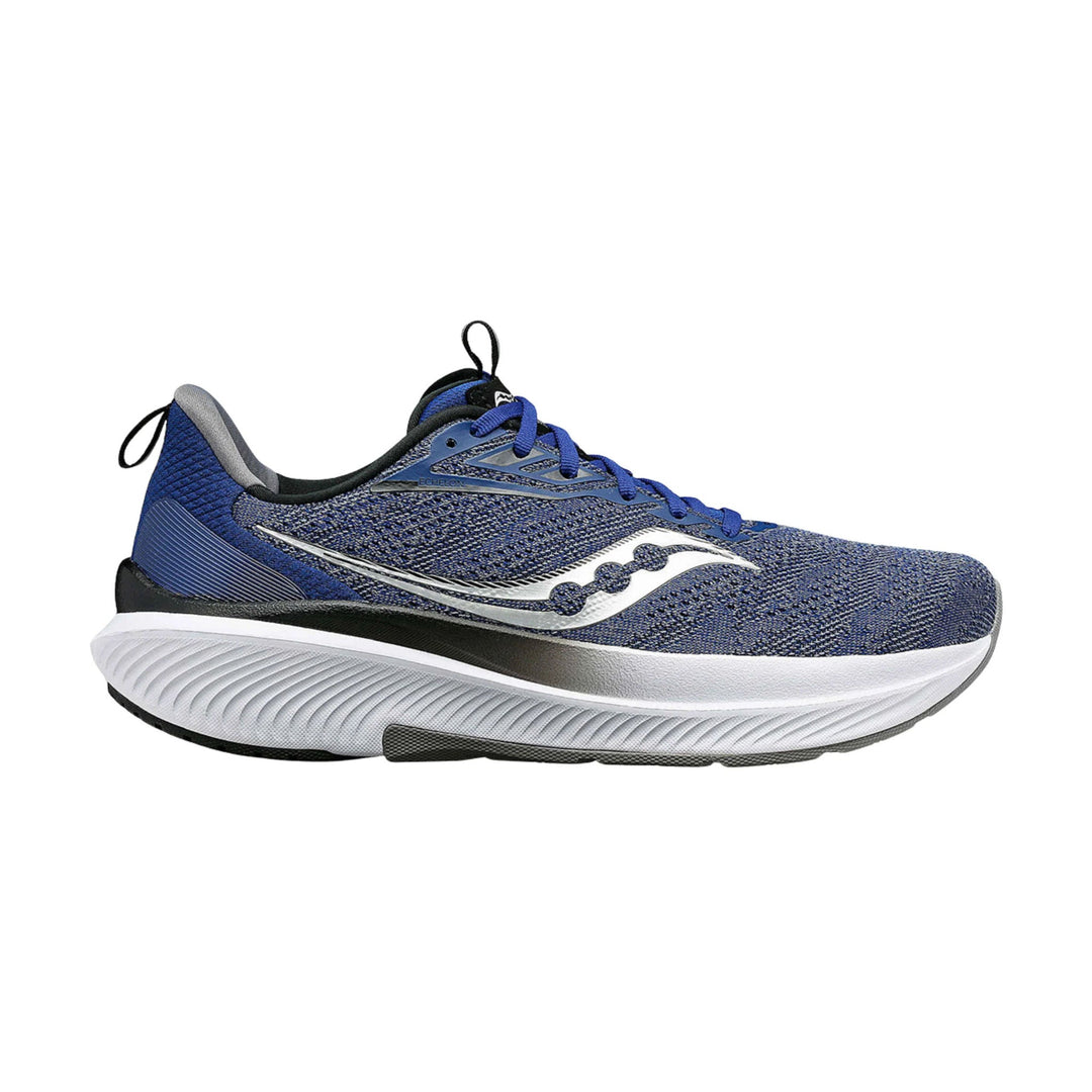 Blue and gray running shoe with blue laces, white cushioned sole, and black heel pull loop
