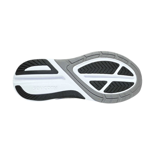 Gray and black athletic shoe outsole with Saucony logo