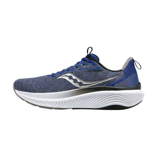 Blue knit running shoe with a white cushioned sole and black outsole