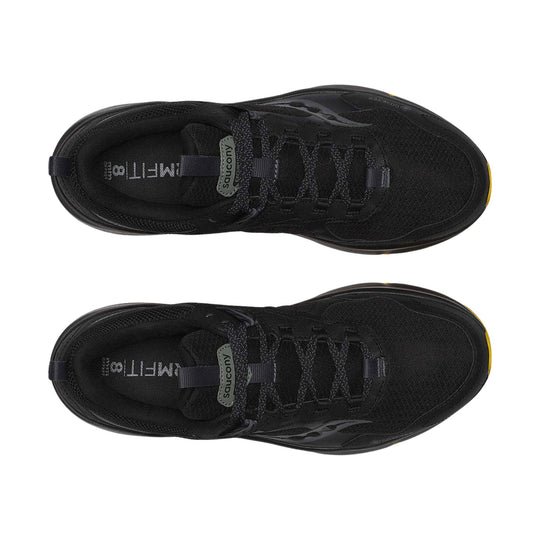 Black low-top trail shoes with bungee laces and yellow toe accents, shown top view