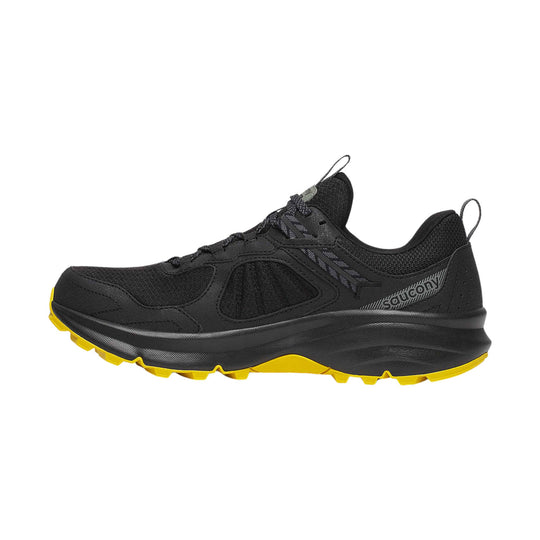 Black trail shoe with yellow outsole, mesh upper, and side "Saucony" branding