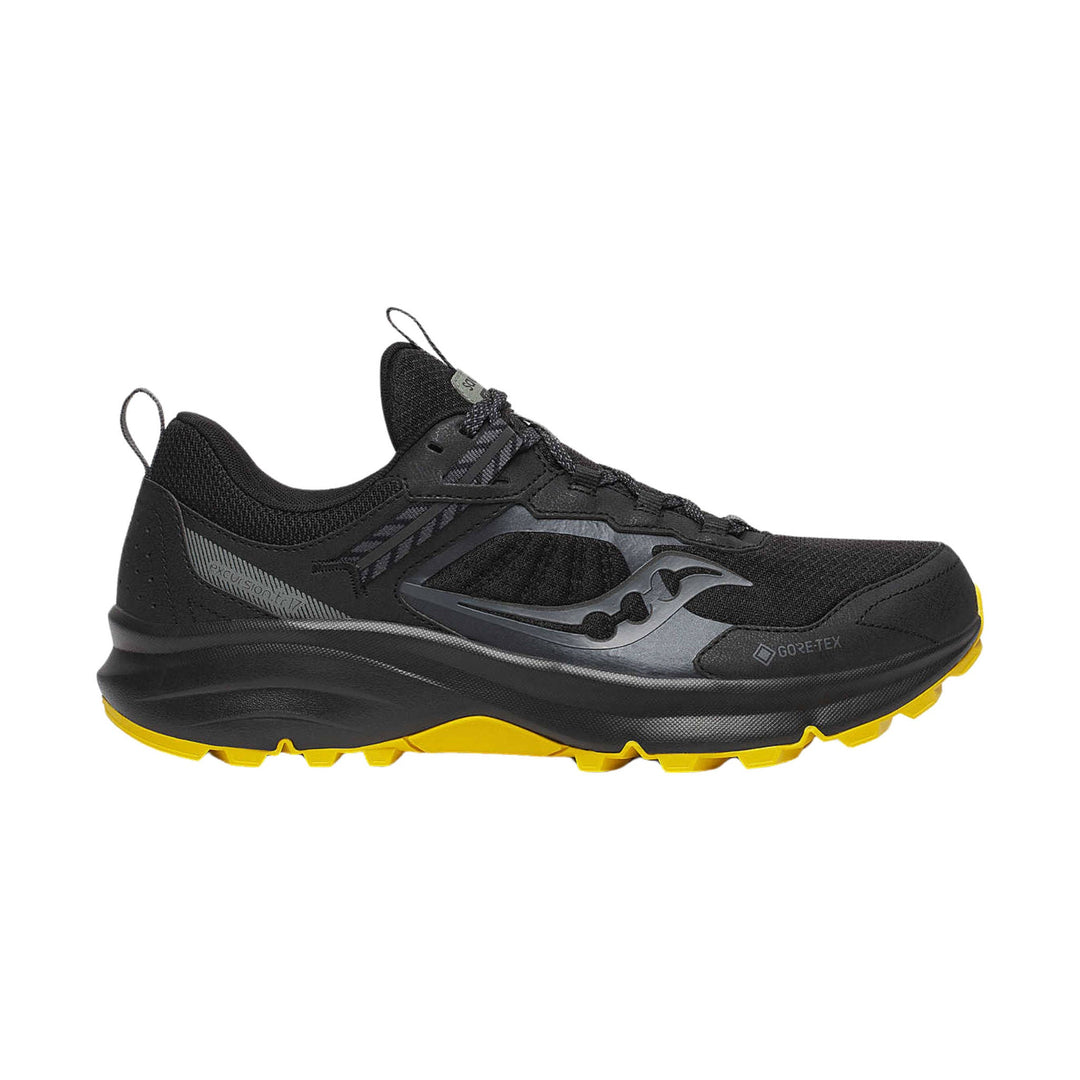 Black trail running shoe with yellow outsole, side cutouts, and GORE-TEX marking