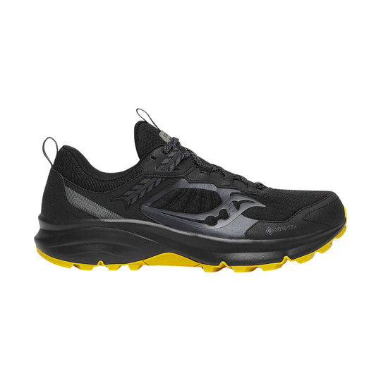 Black trail running shoe with yellow outsole, side cutouts, and GORE-TEX marking