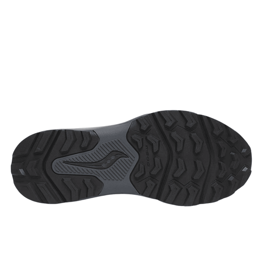 Black rugged hiking shoe outsole with deep tread and a molded arch section