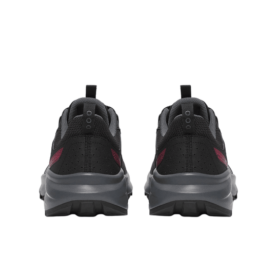 Pair of black and gray trail shoes with red accents, shown from the back