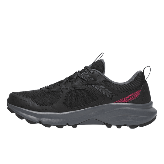 Black low-top hiking shoe with gray sole and pink side logo
