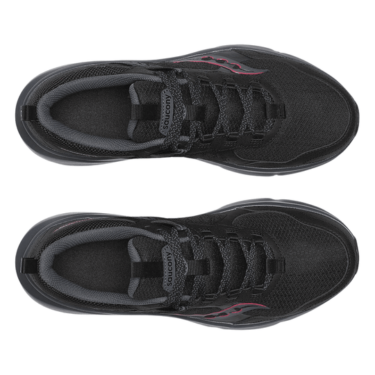 Black low-top hiking shoe with mesh upper, bungee-style laces, and Saucony branding