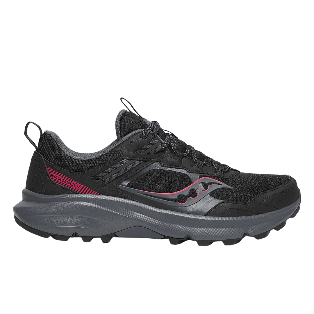 Black trail hiking shoe with gray cushioned sole and pink side accents, shown in profile