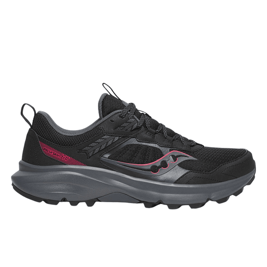 Black trail hiking shoe with gray cushioned sole and pink side accents, shown in profile