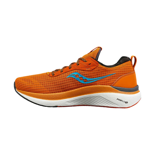 Orange running shoe with blue side logo and white cushioned sole, shown in side view