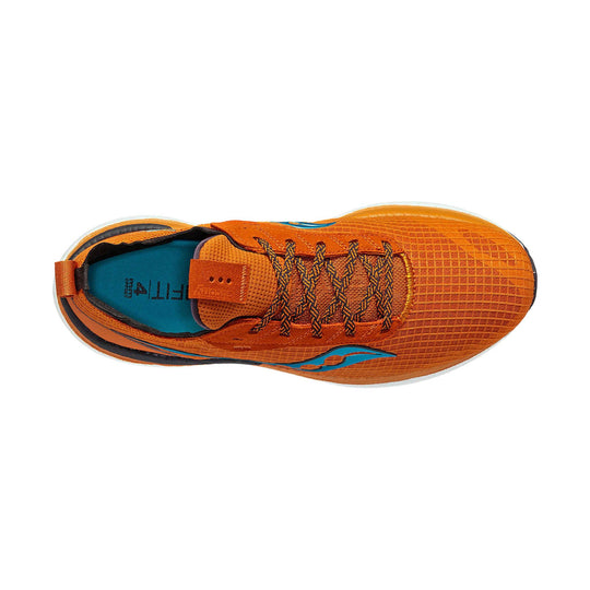 Orange trail running shoe with blue accents, black-and-orange laces, and a top-down view
