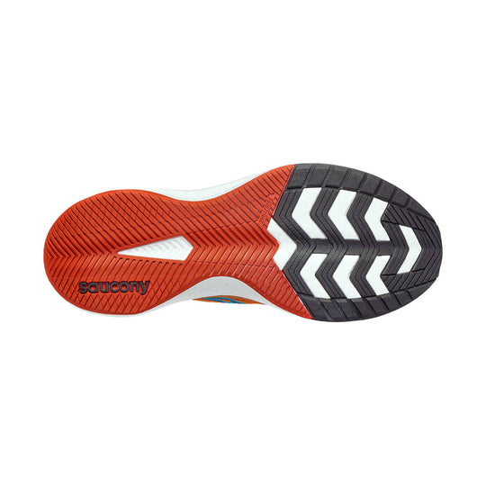 Orange and black running shoe outsole with chevron tread and visible Saucony logo
