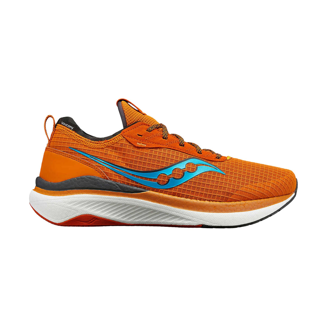 Orange running shoe with blue side logo, white cushioned sole, and black collar