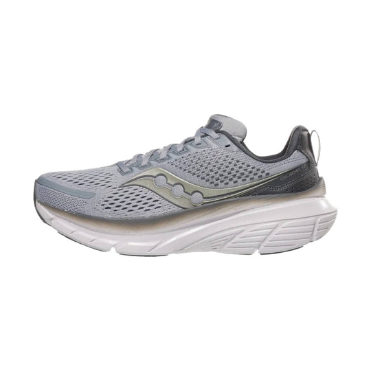 Gray running shoe with a thick white foam sole and perforated mesh upper, shown in side view